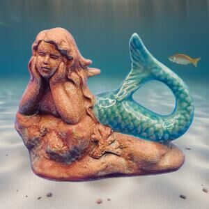 Stamped VTG Pottery Mermaid Figurine-Sandy Brown-Blue Glossy Fin-Nautical Decor